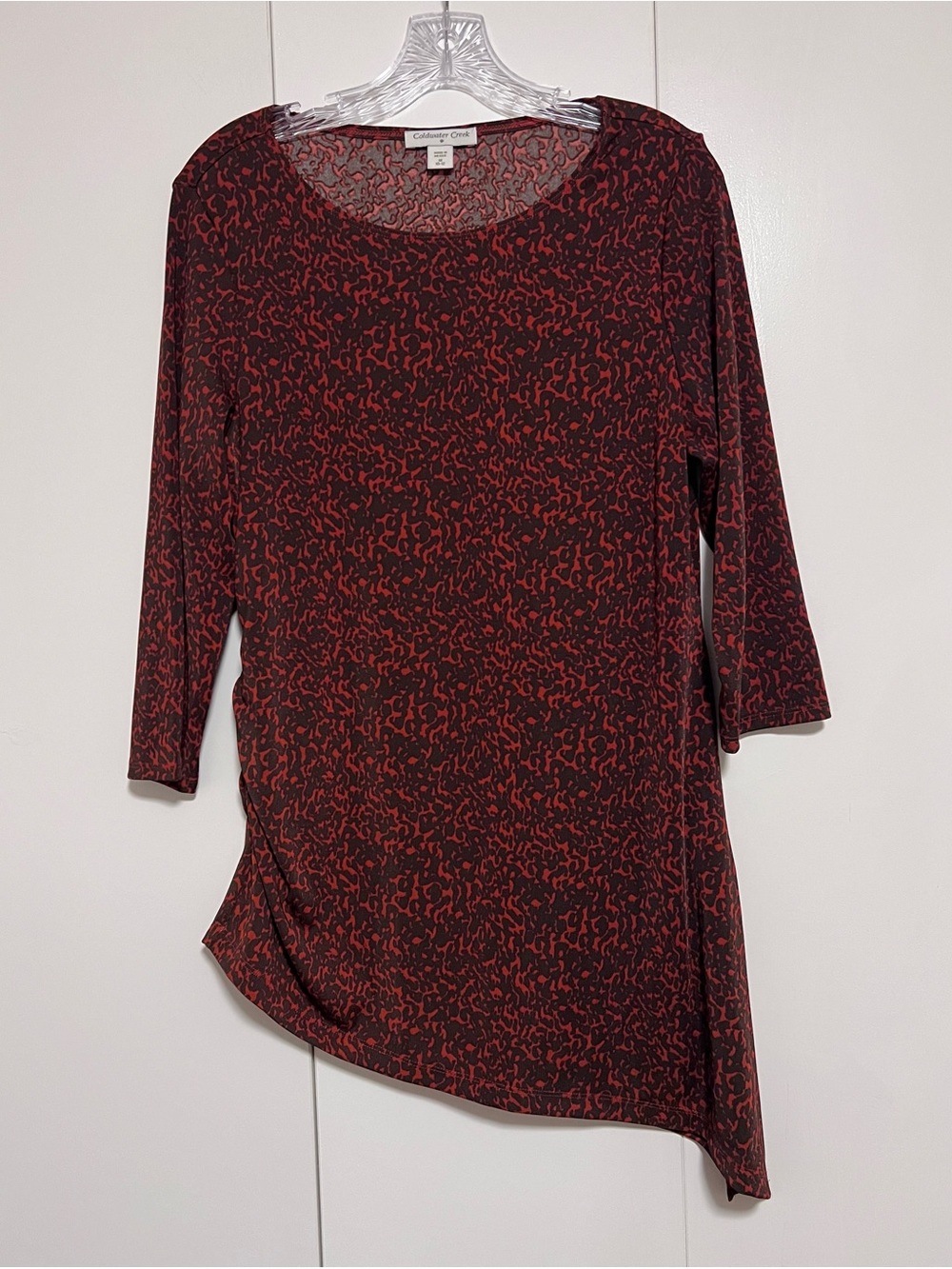 Coldwater Creek Red & Black Animal print Asymmetrical Tunic 3/4 Sleeve Top
